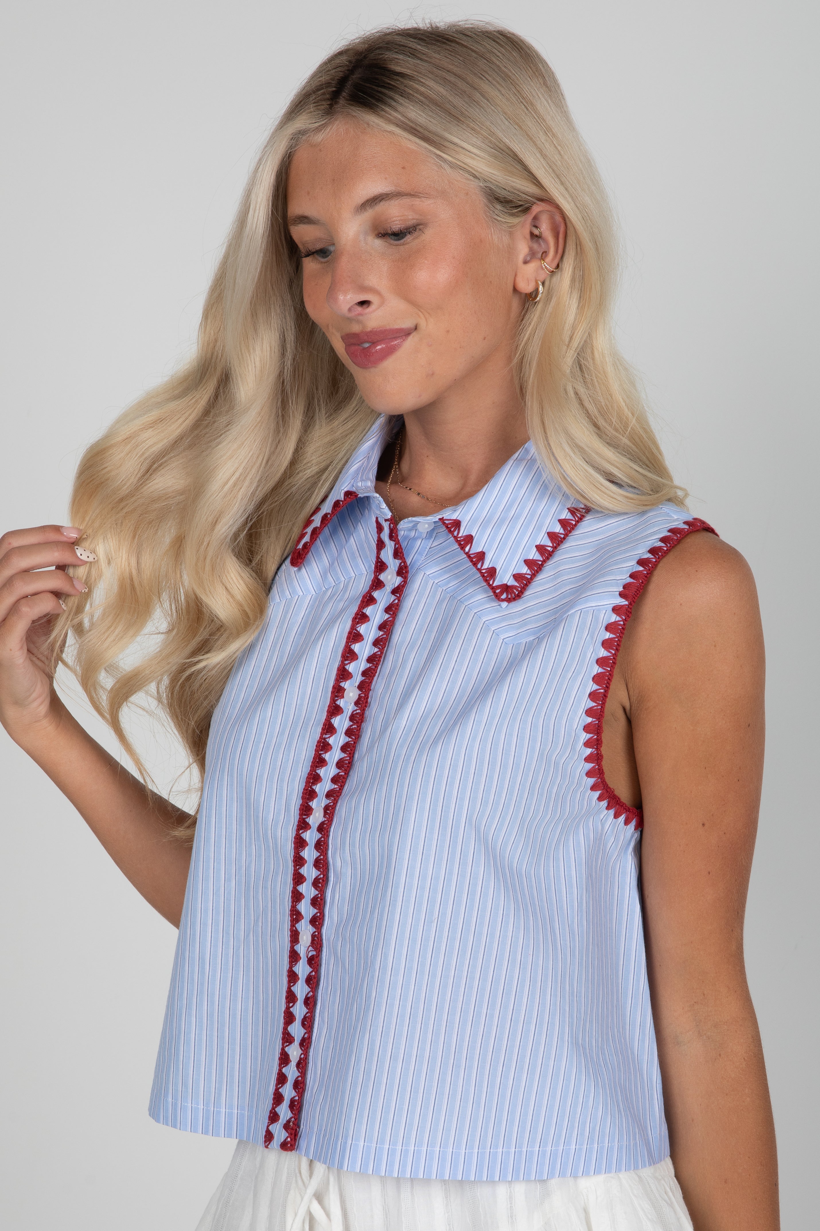 Sophisticated Company Blue Striped Collared Tank