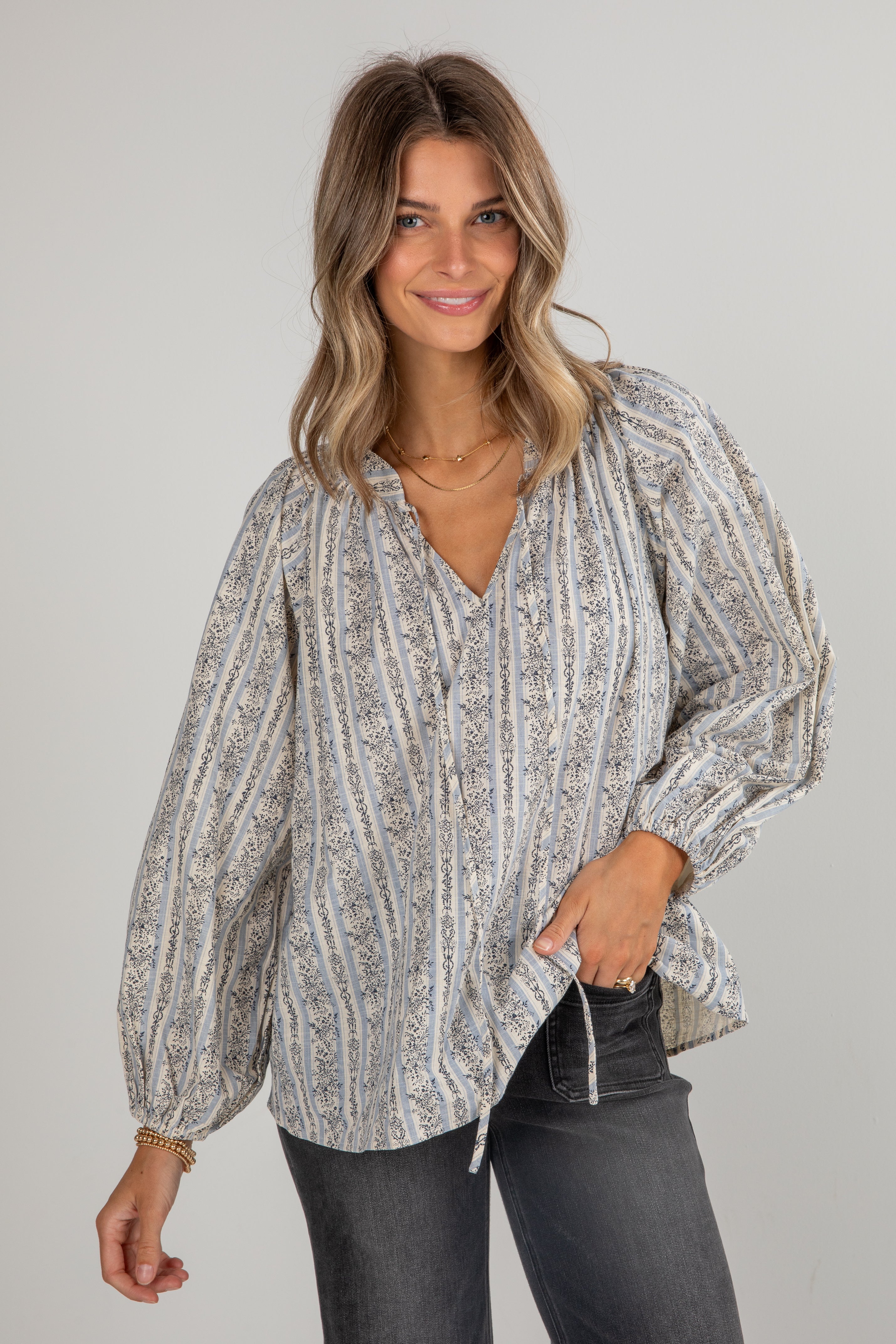 Forever In Love Light Blue Floral Striped Blouse