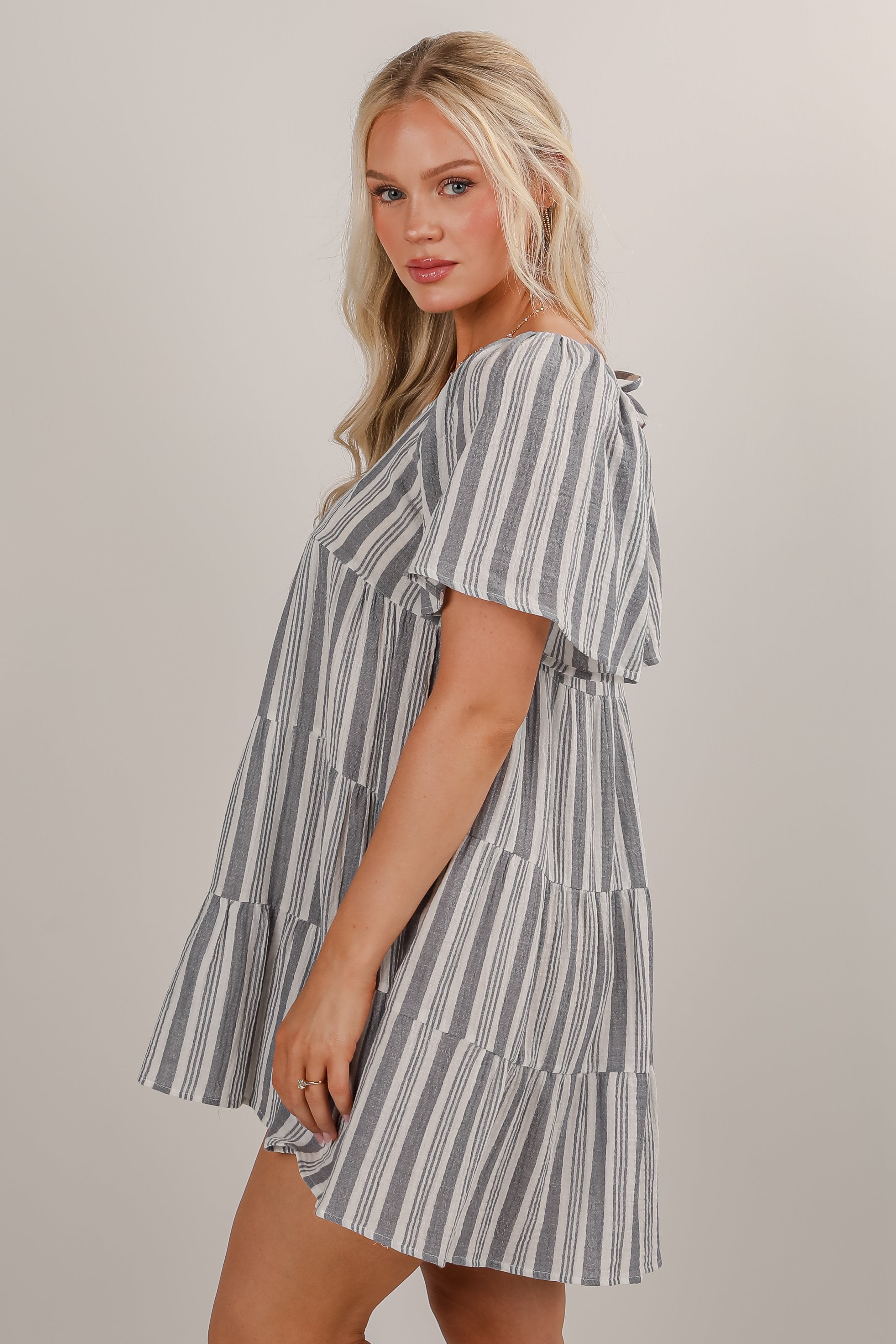 Hold Your Breath Denim Striped Linen Tiered Mini Dress