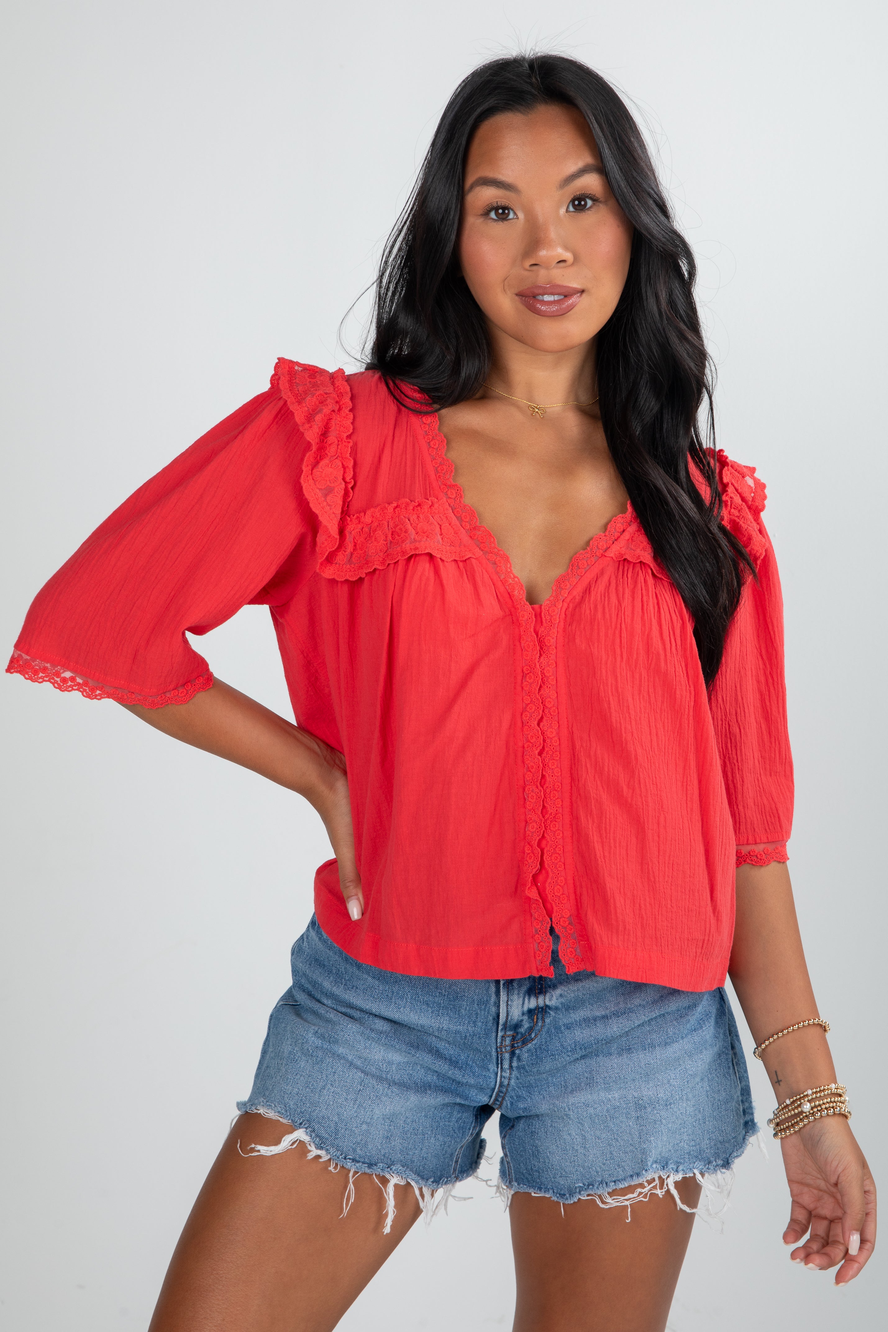 Gracefully As She Goes Red Lace Blouse