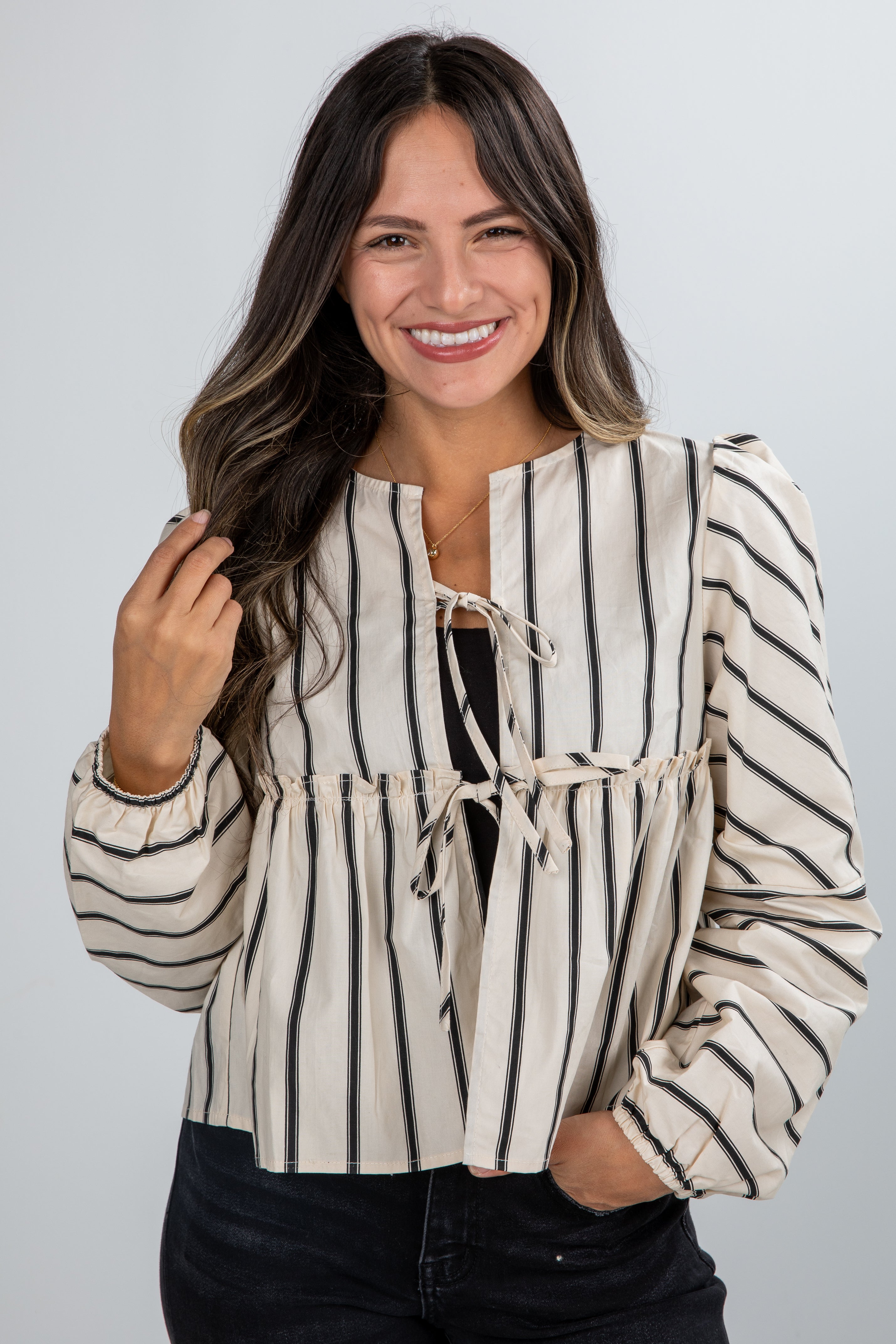 Classy Attitude Cream Striped Tie Blouse