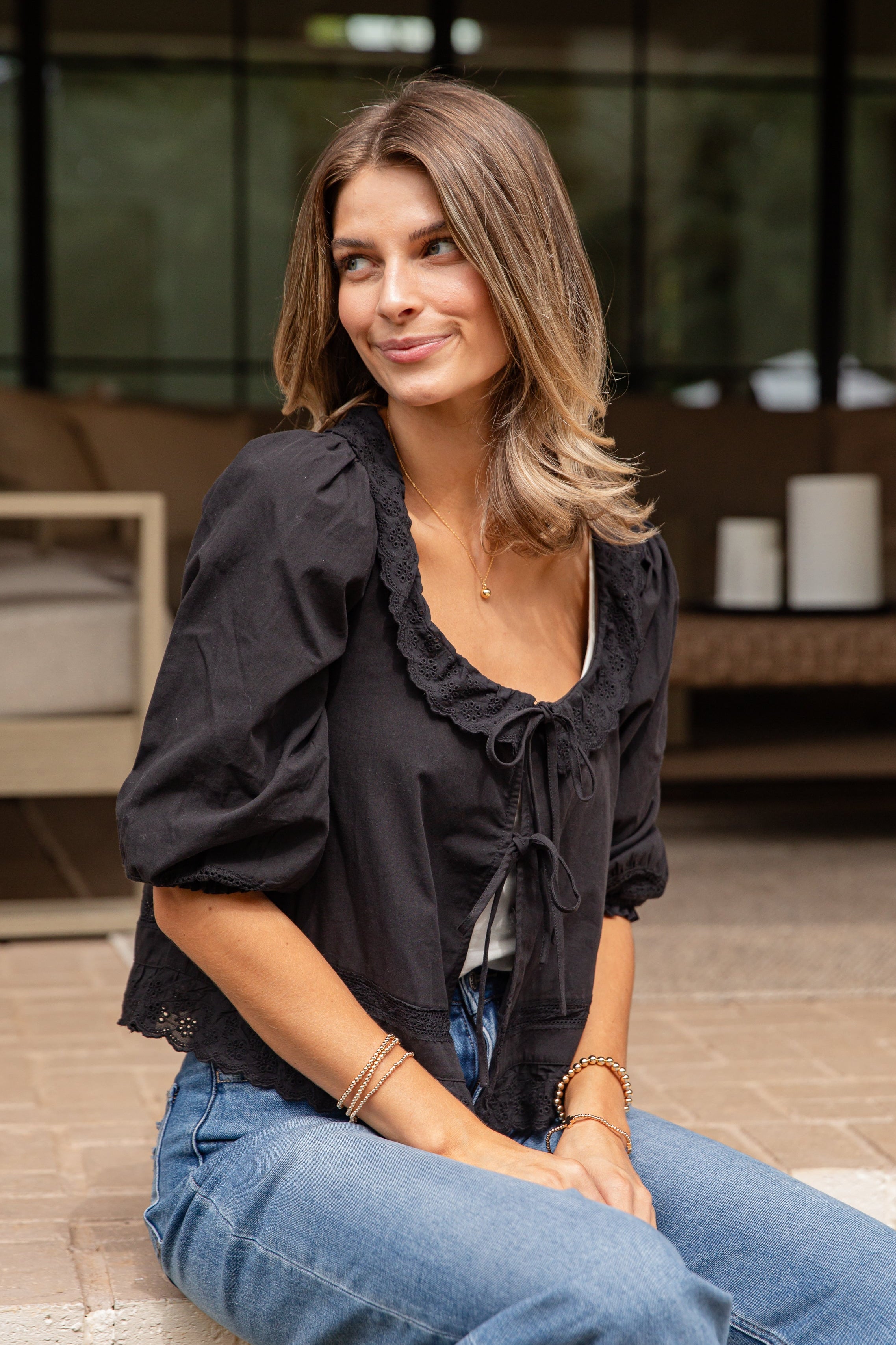 All My Dreams Black Eyelet Tie Blouse