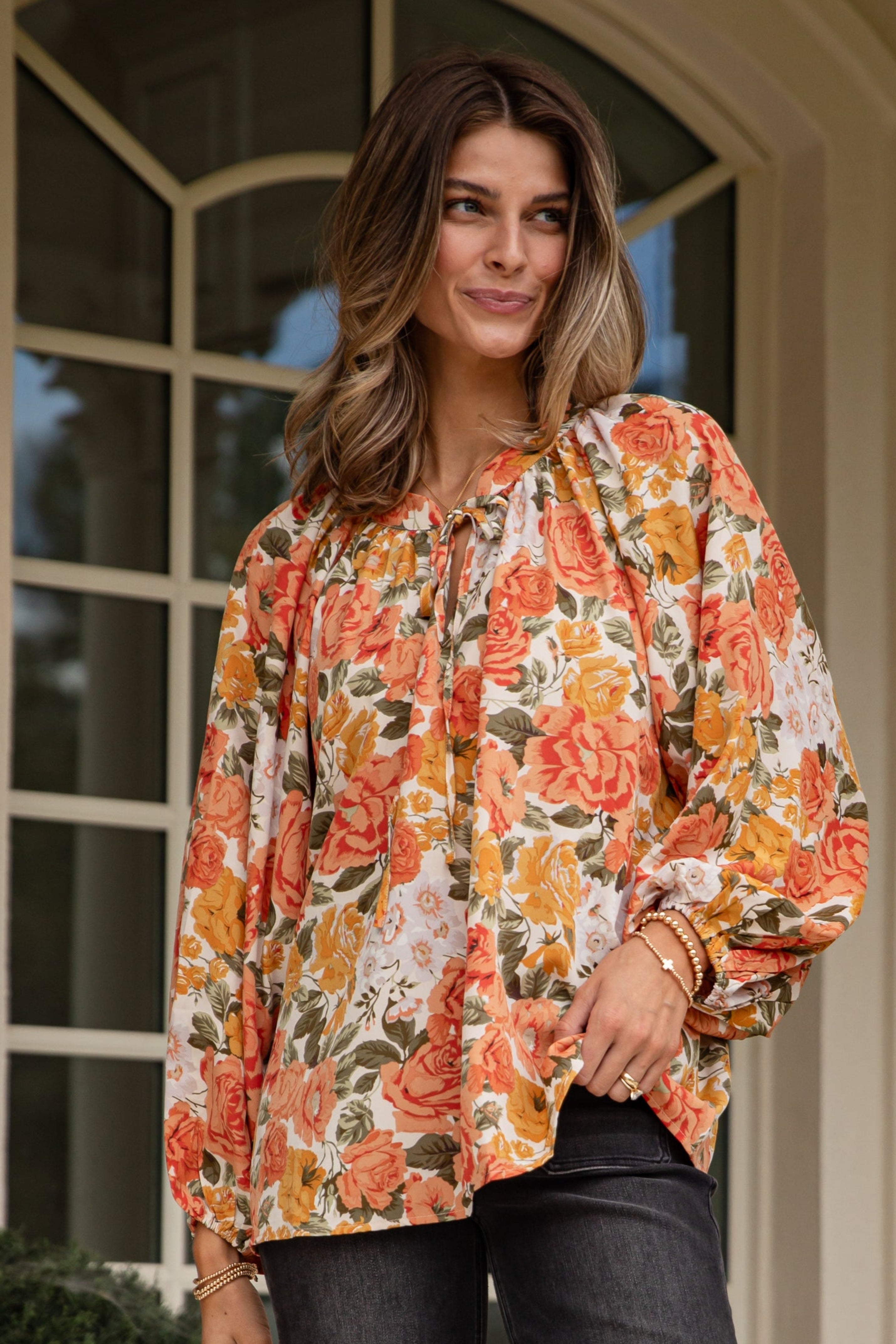 Out Of The Garden Orange Floral Blouse