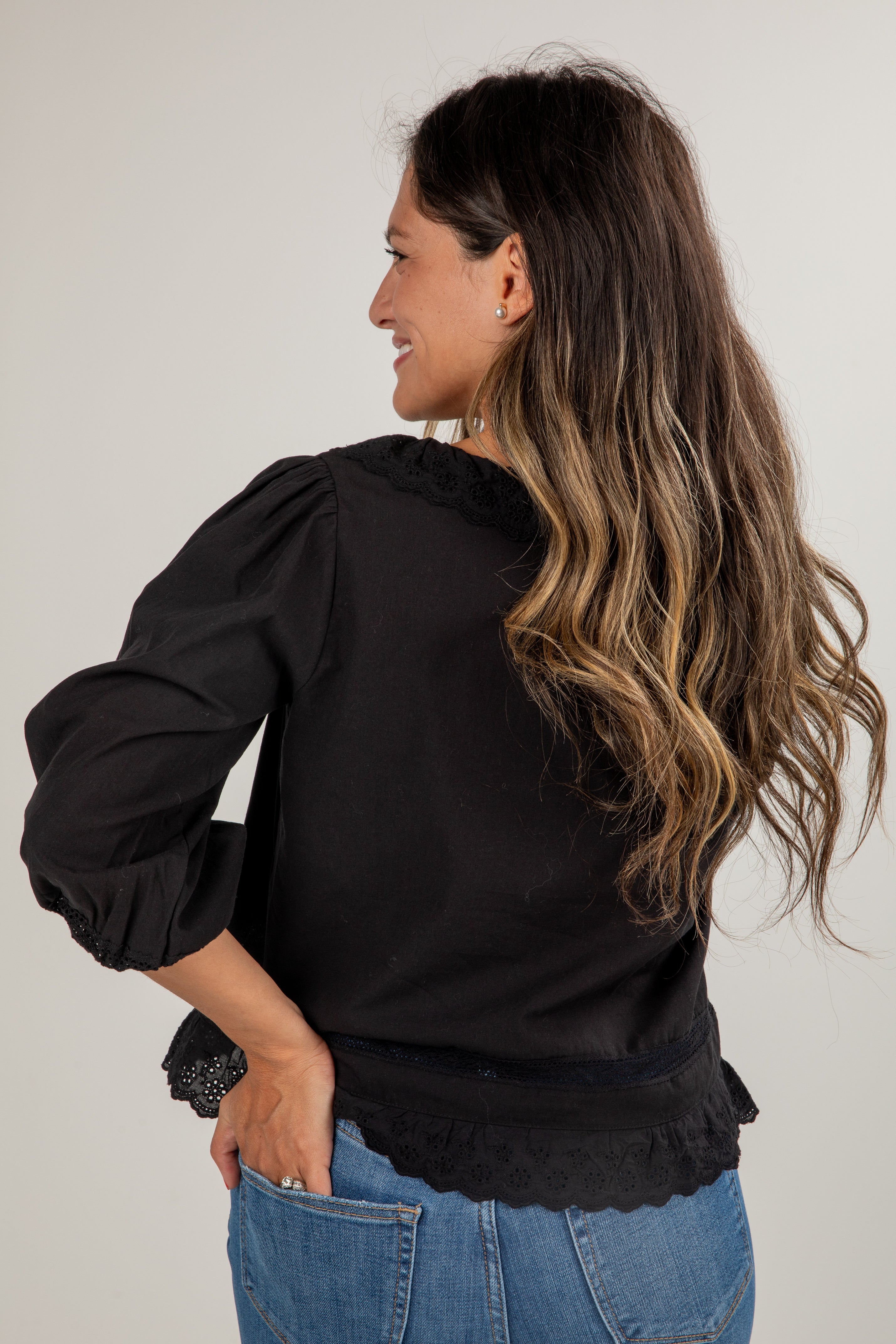 All My Dreams Black Eyelet Tie Blouse