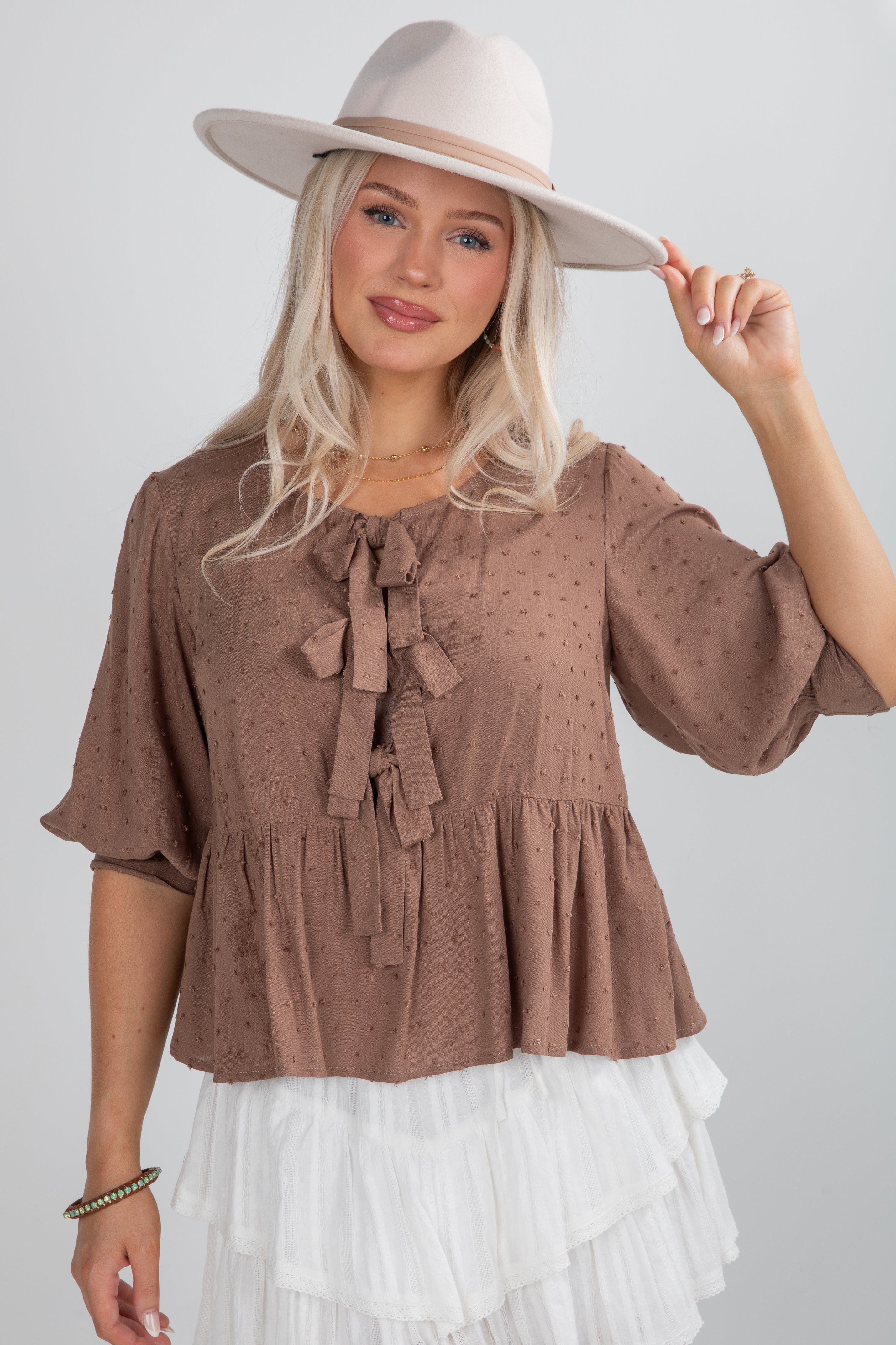 Fall For Me Mocha Tie Blouse