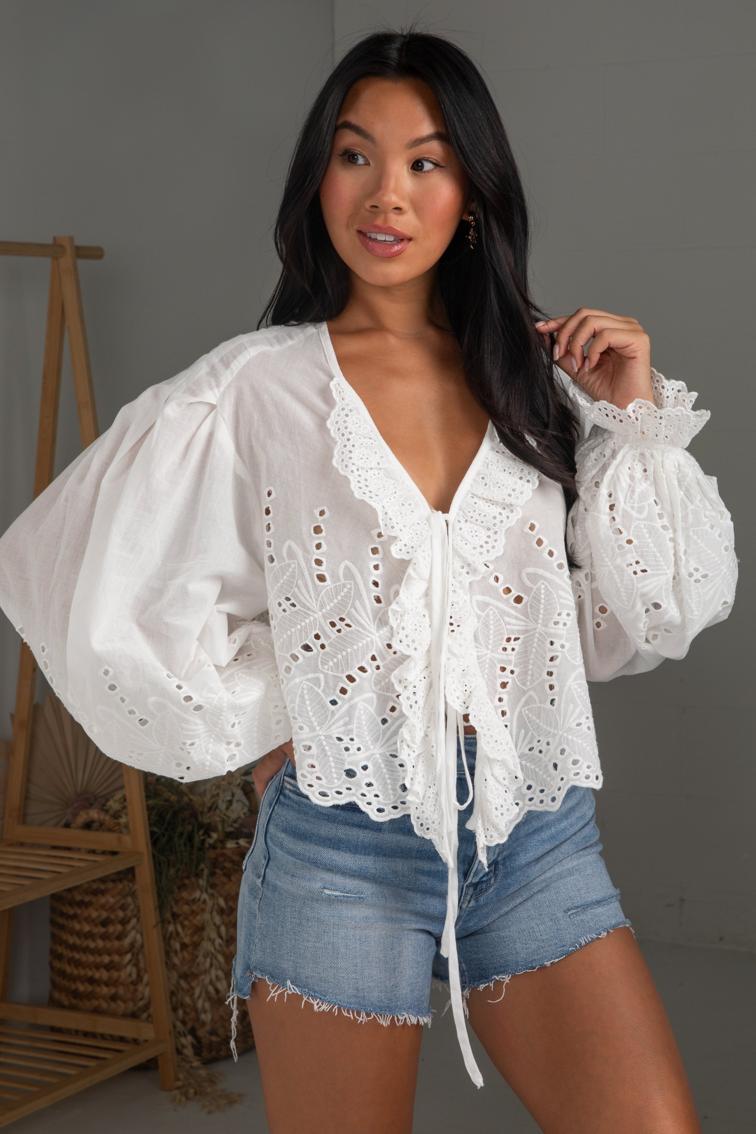 Filled With Joy White Eyelet Tie Blouse