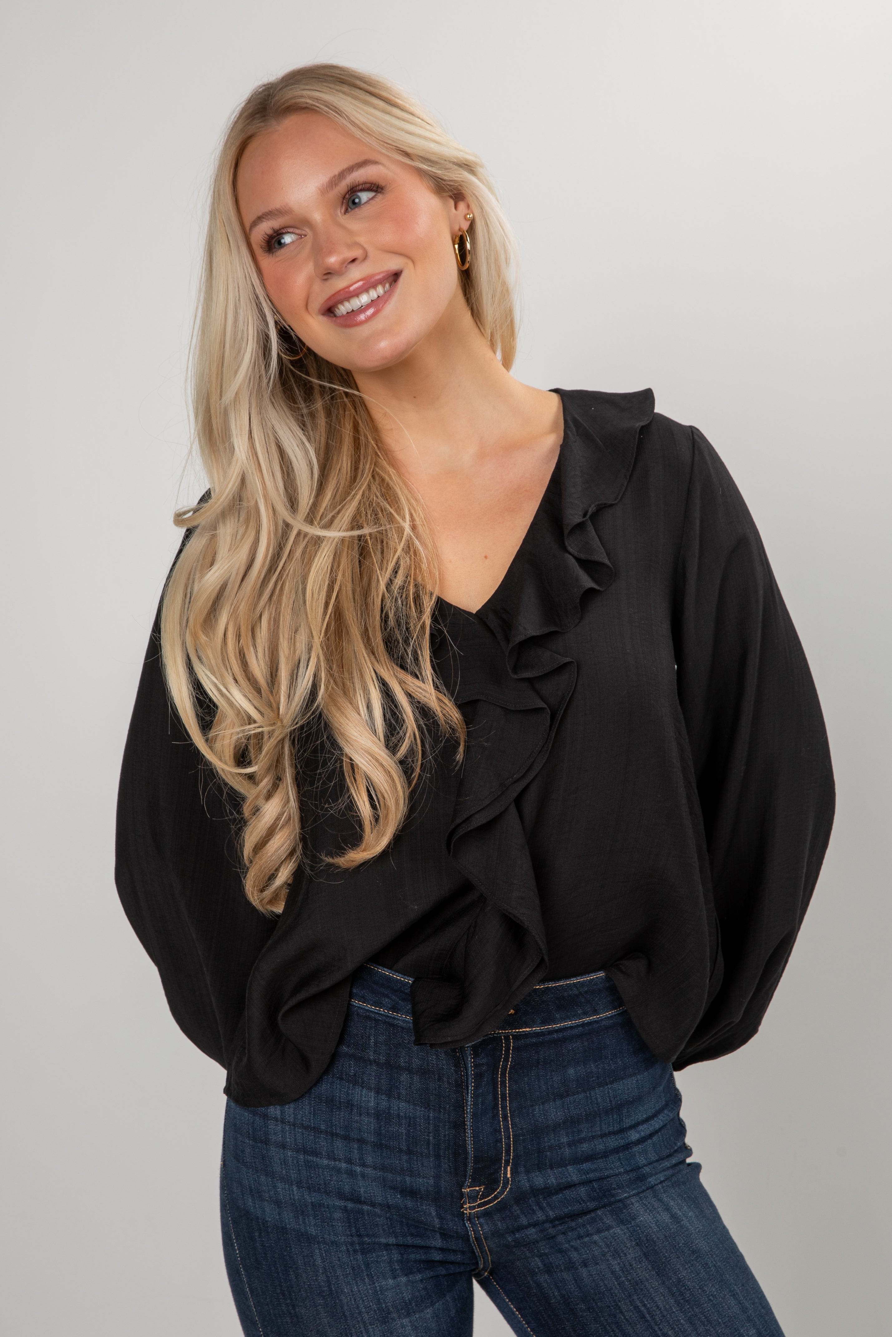 Midnight Waltz Ruffle Black Blouse - DU Deal