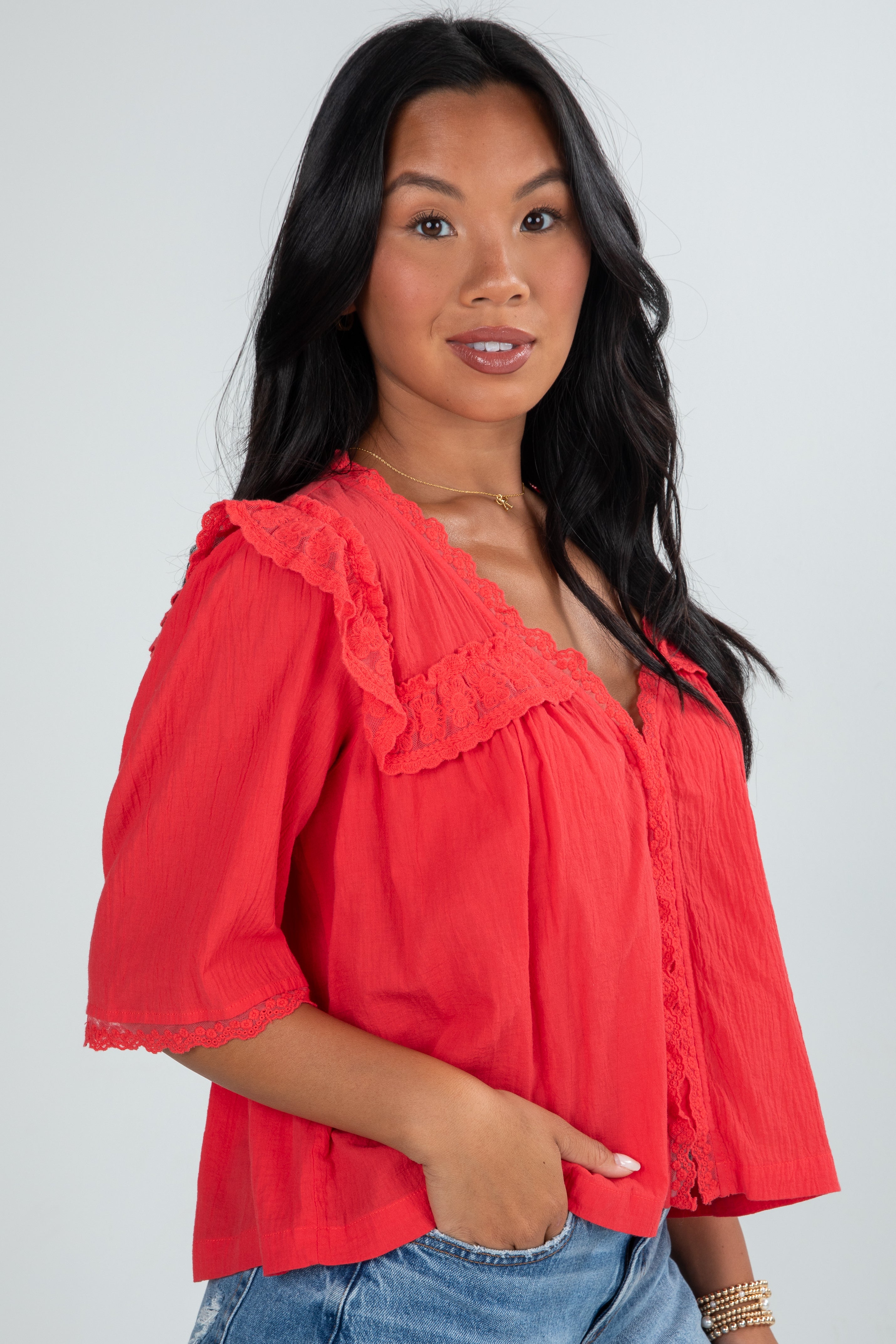 Gracefully As She Goes Red Lace Blouse