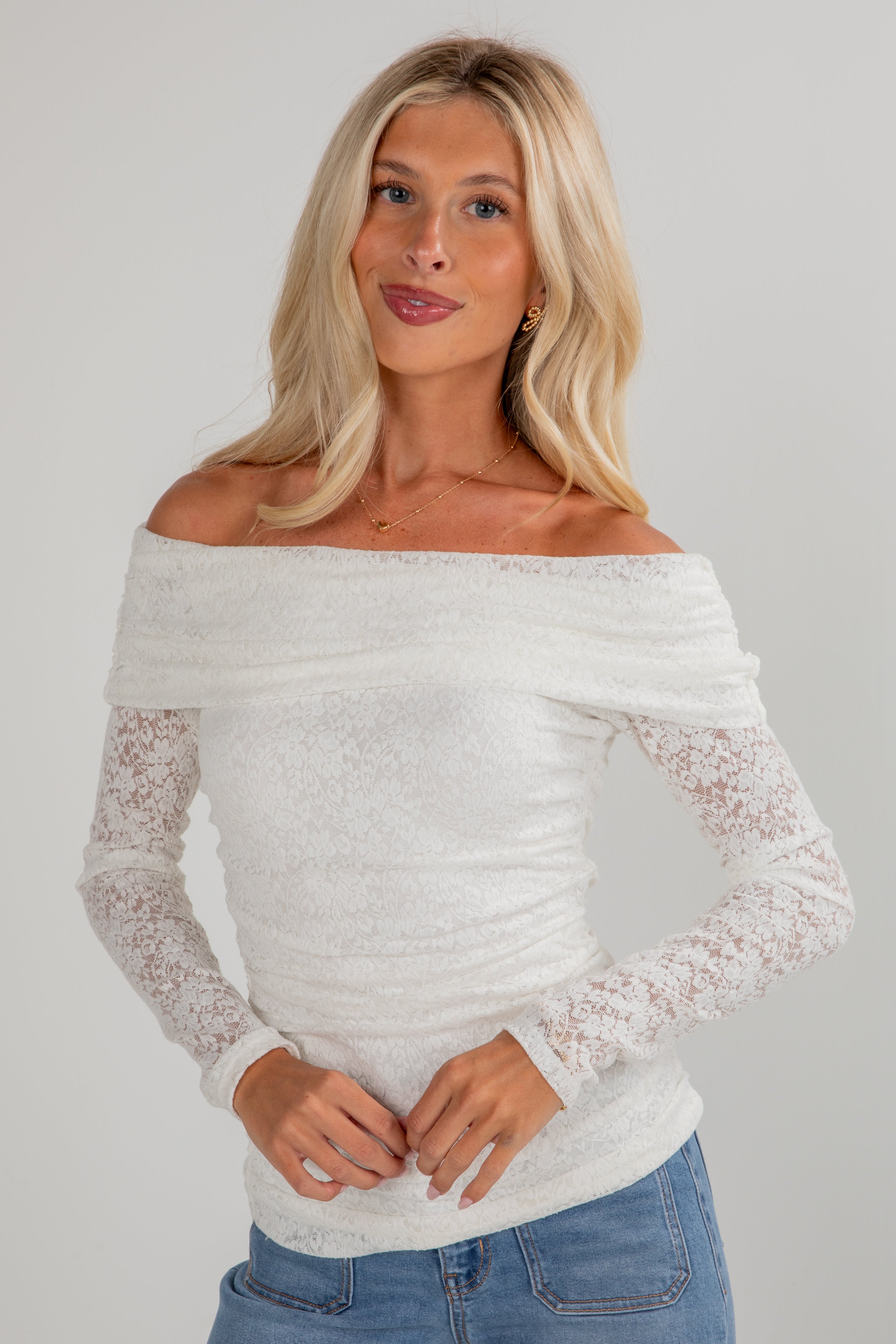Feeling Cute White Lace Off-The-Shoulder Top