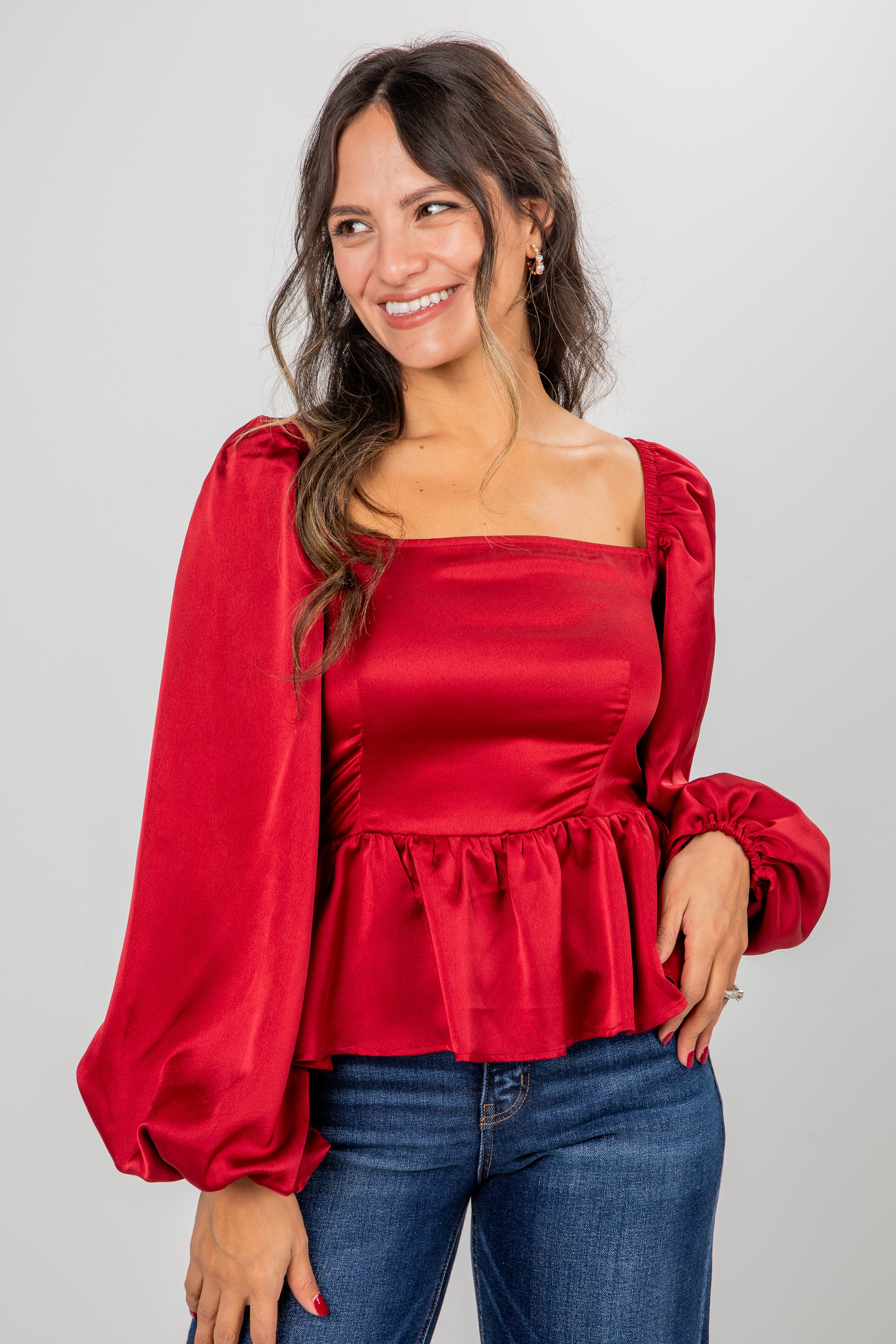 Graceful Presence Burgundy Satin Peplum Blouse