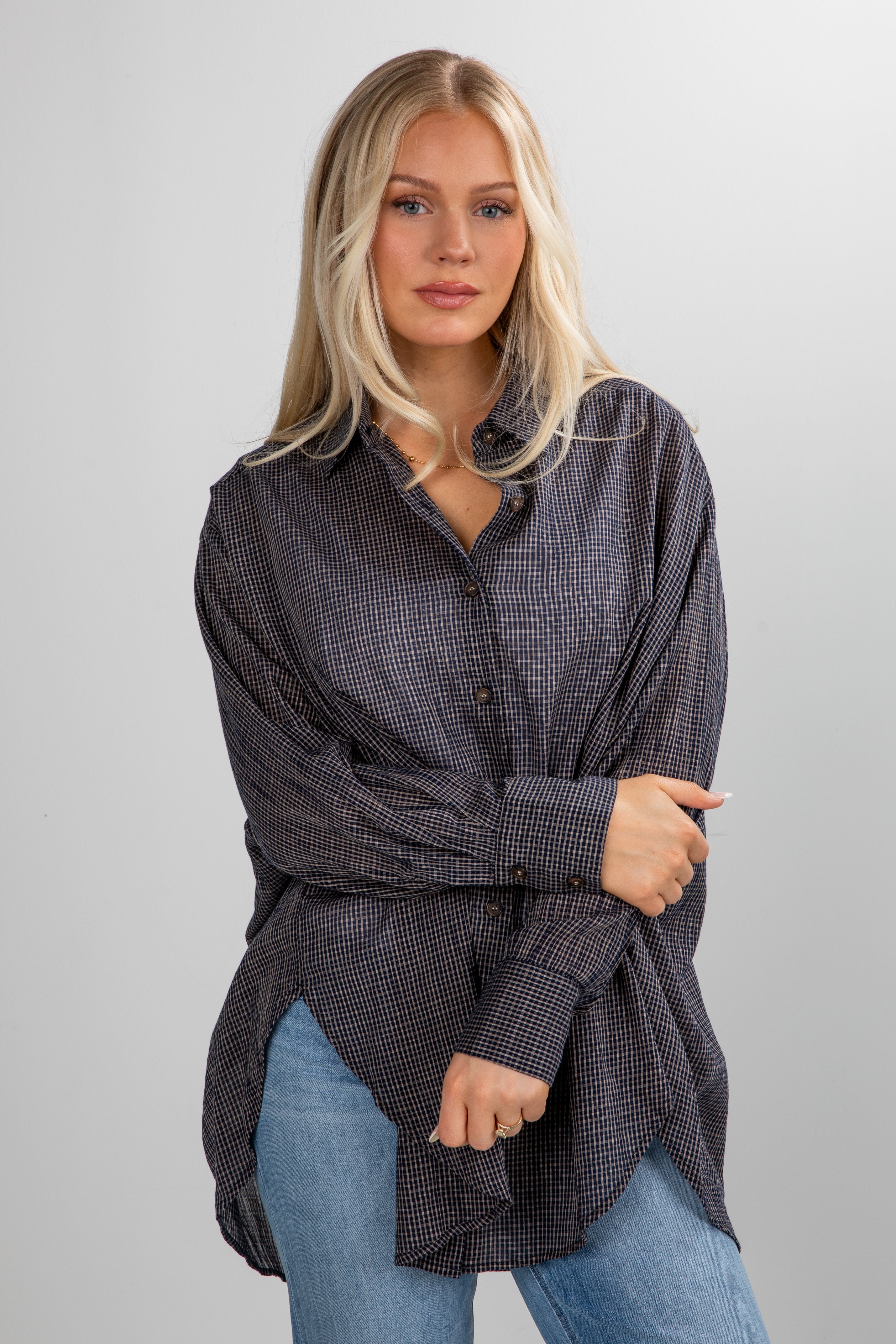 Happily Yours Plaid Oversized Button-Up Blouse