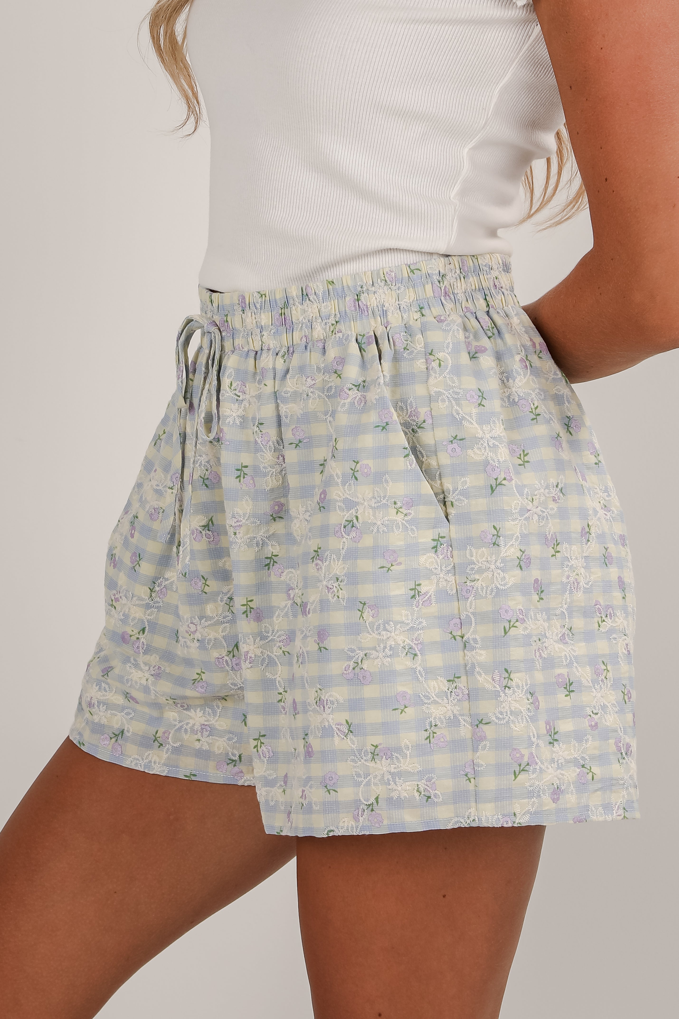 Next Thing You Know Light Blue Gingham Floral Embroidered Shorts