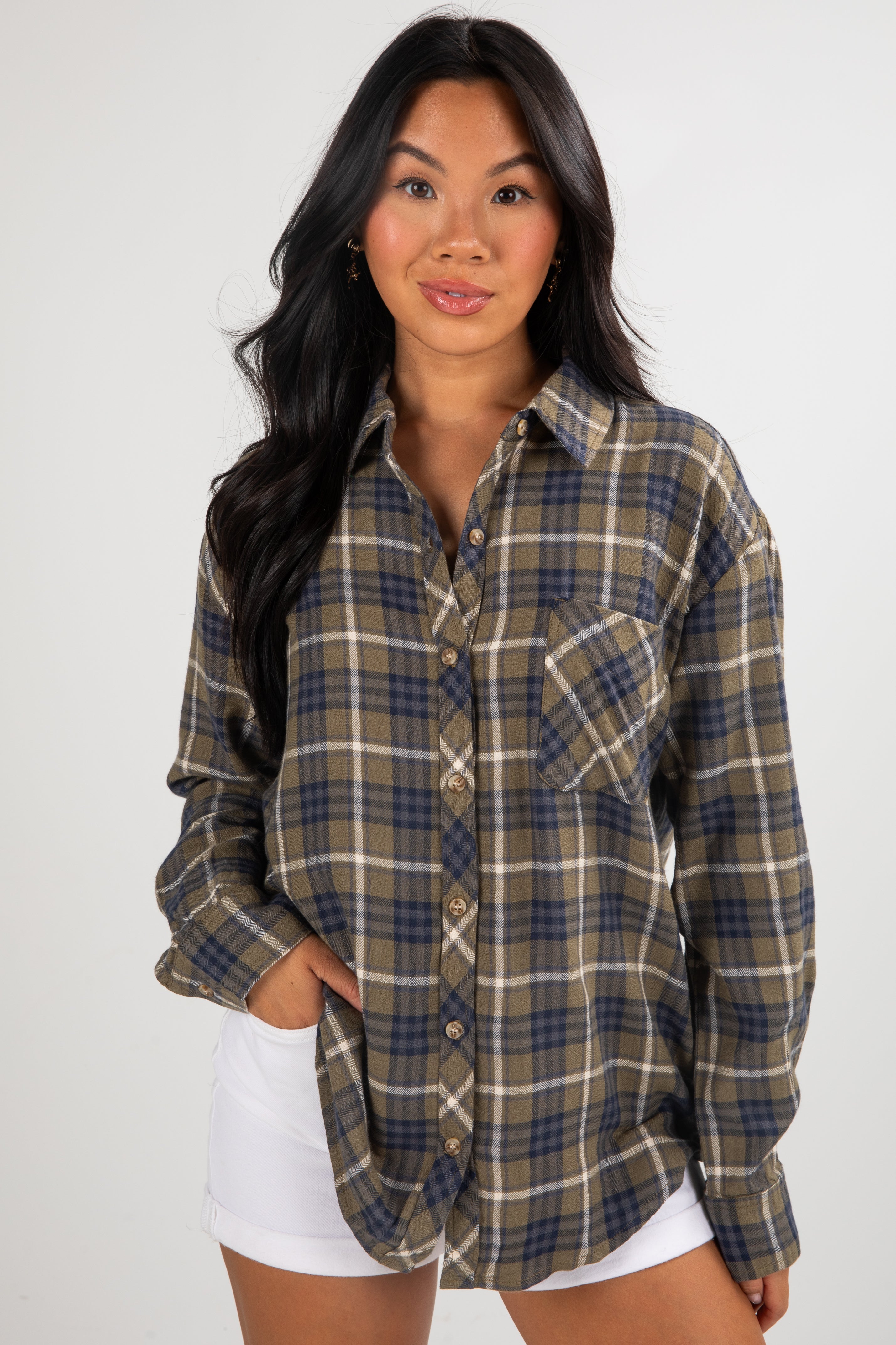 Coming Back For You Olive Plaid Flannel