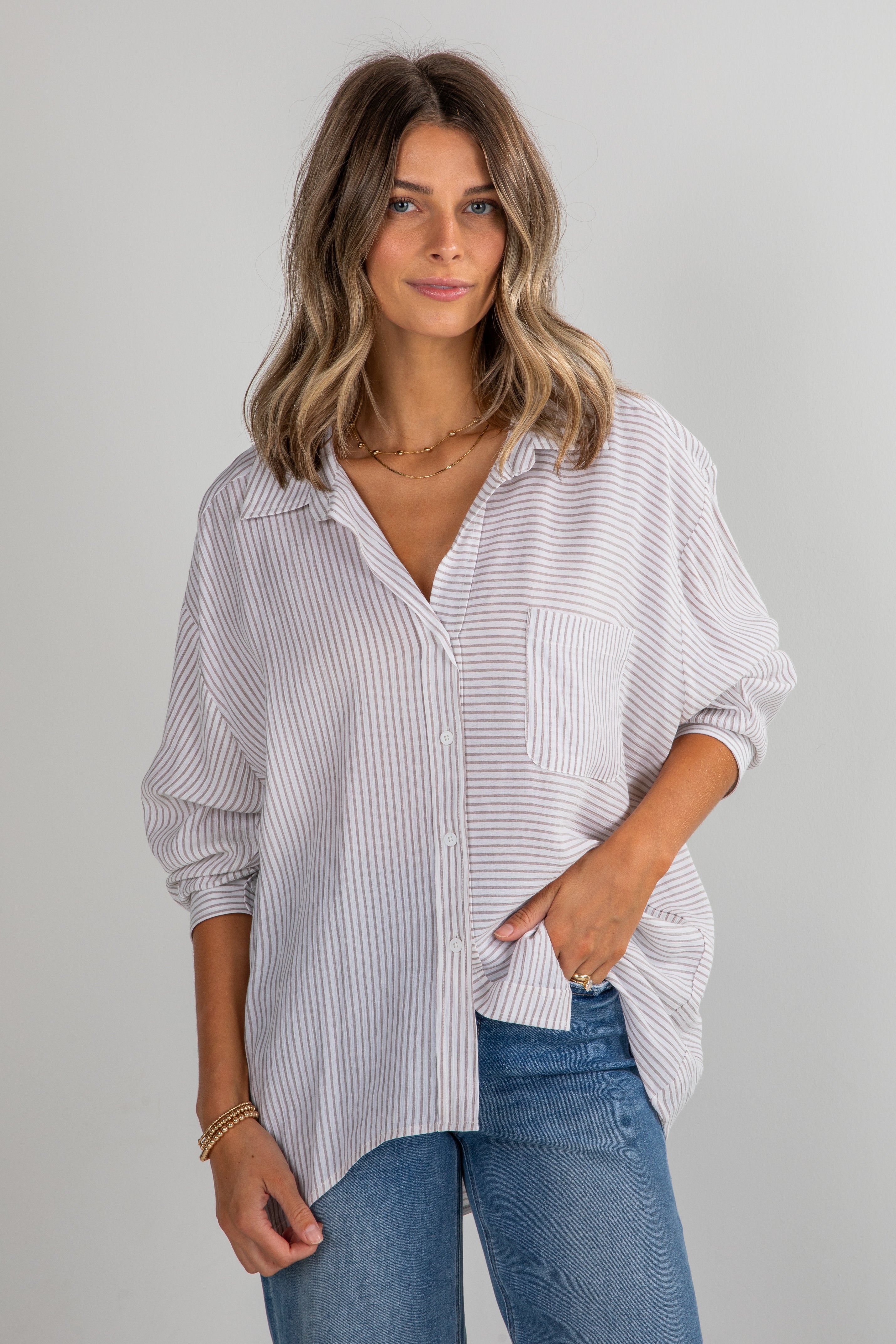 This Is The Day Off White Striped Button-Up Blouse