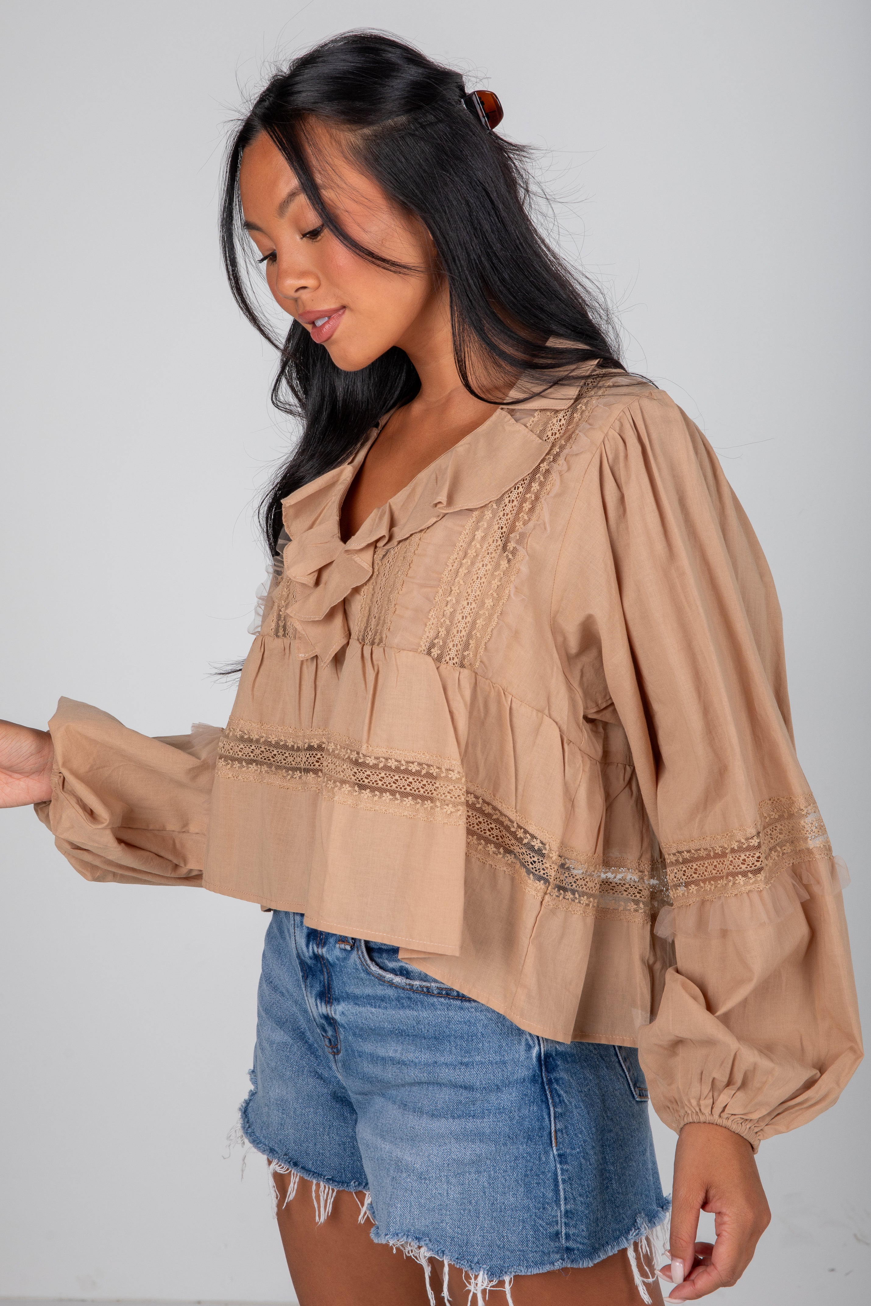 Own The Moment Taupe Lace Ruffle Blouse