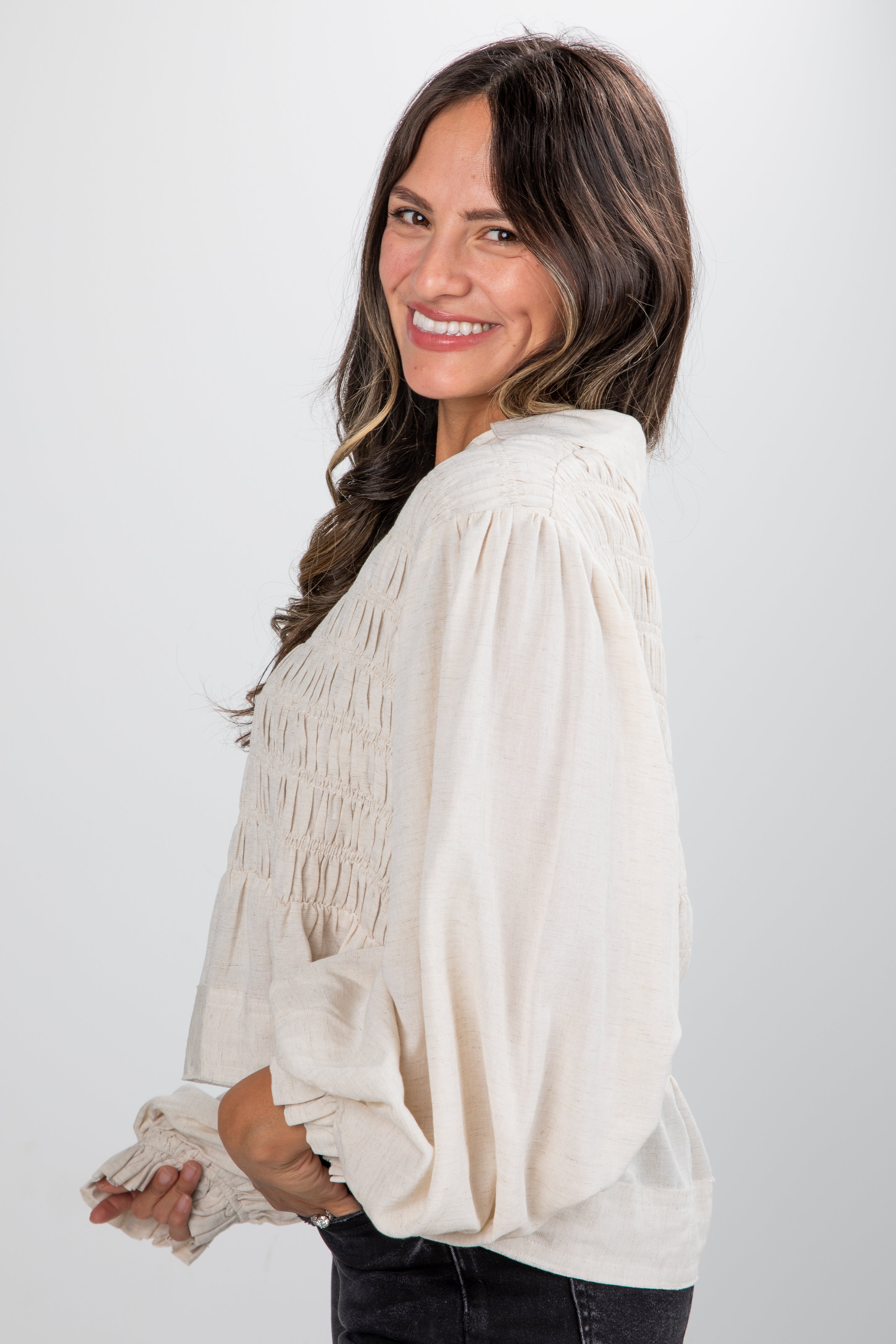 All In Time Oatmeal Smocked Blouse