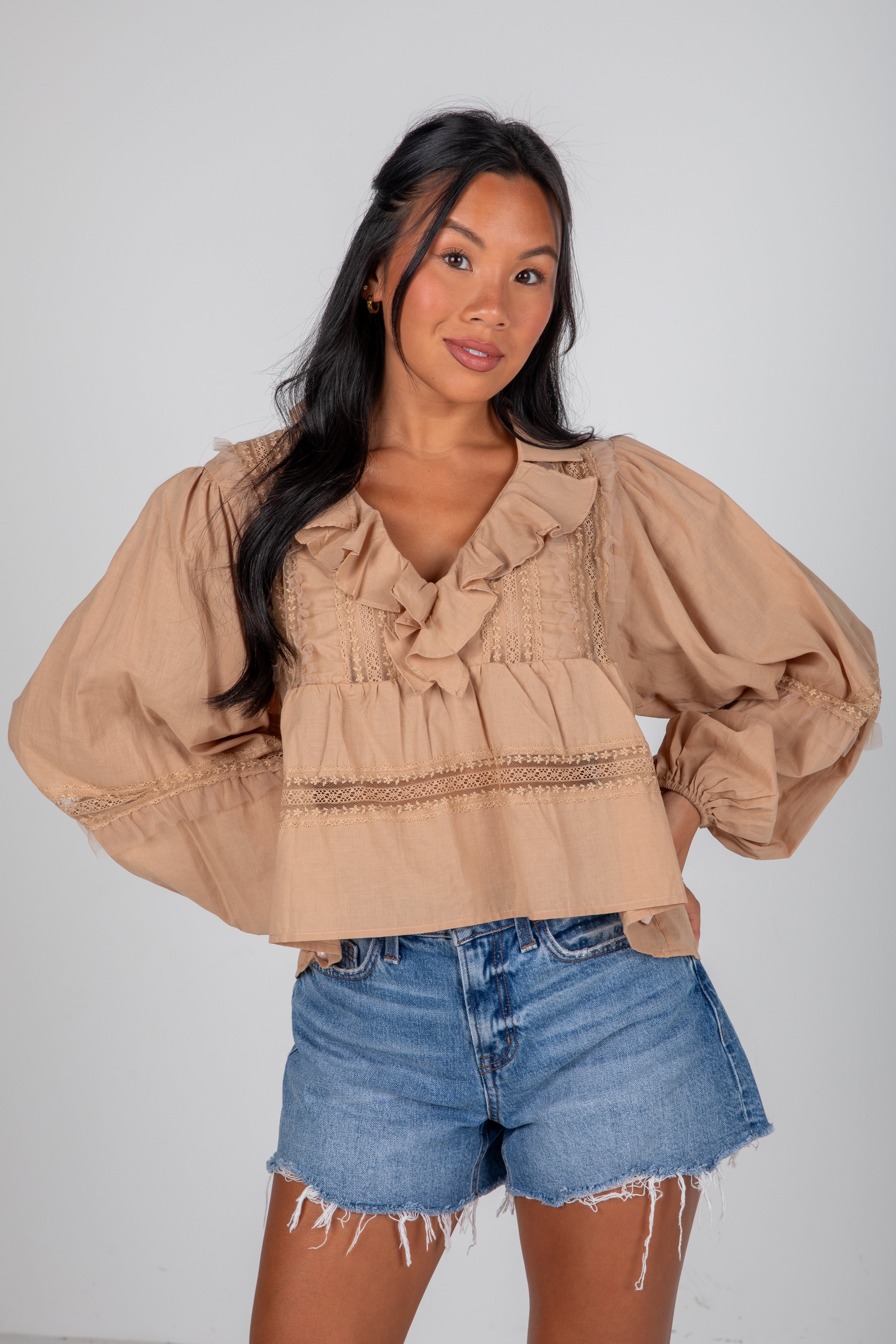Own The Moment Taupe Lace Ruffle Blouse