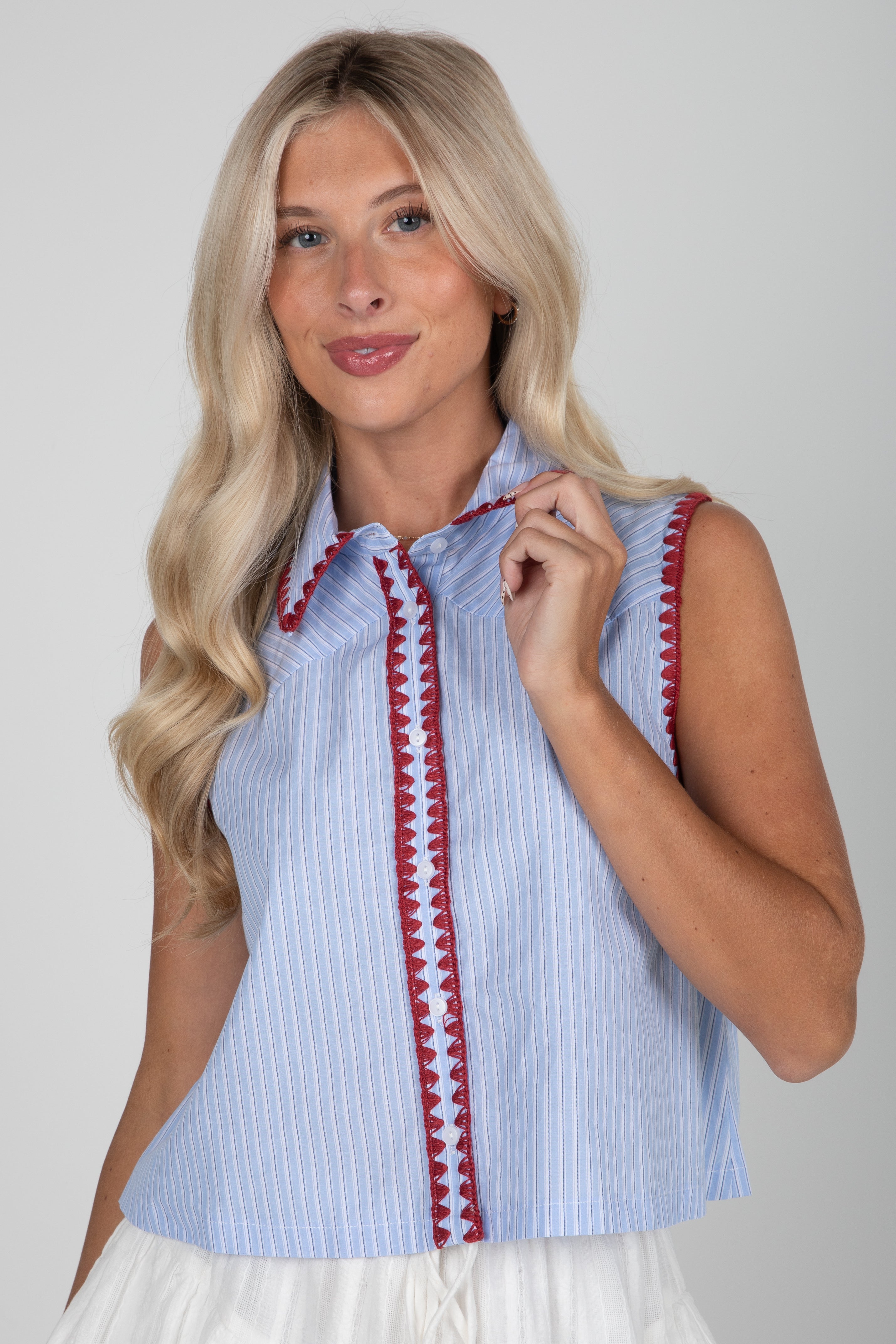 Sophisticated Company Blue Striped Collared Tank