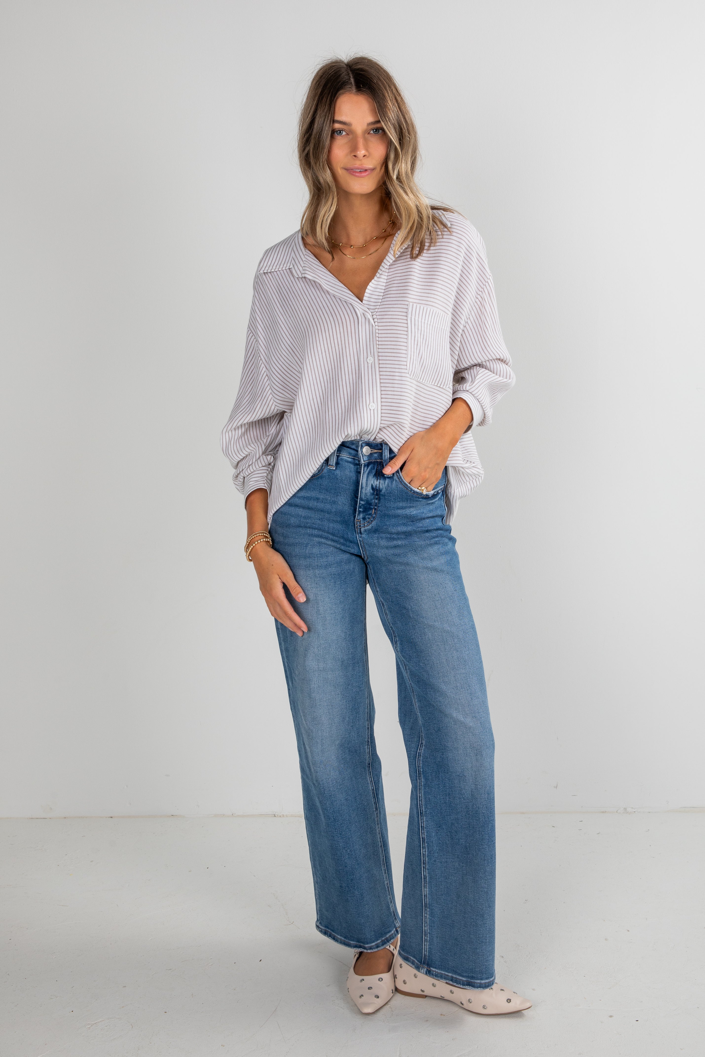 This Is The Day Off White Striped Button-Up Blouse