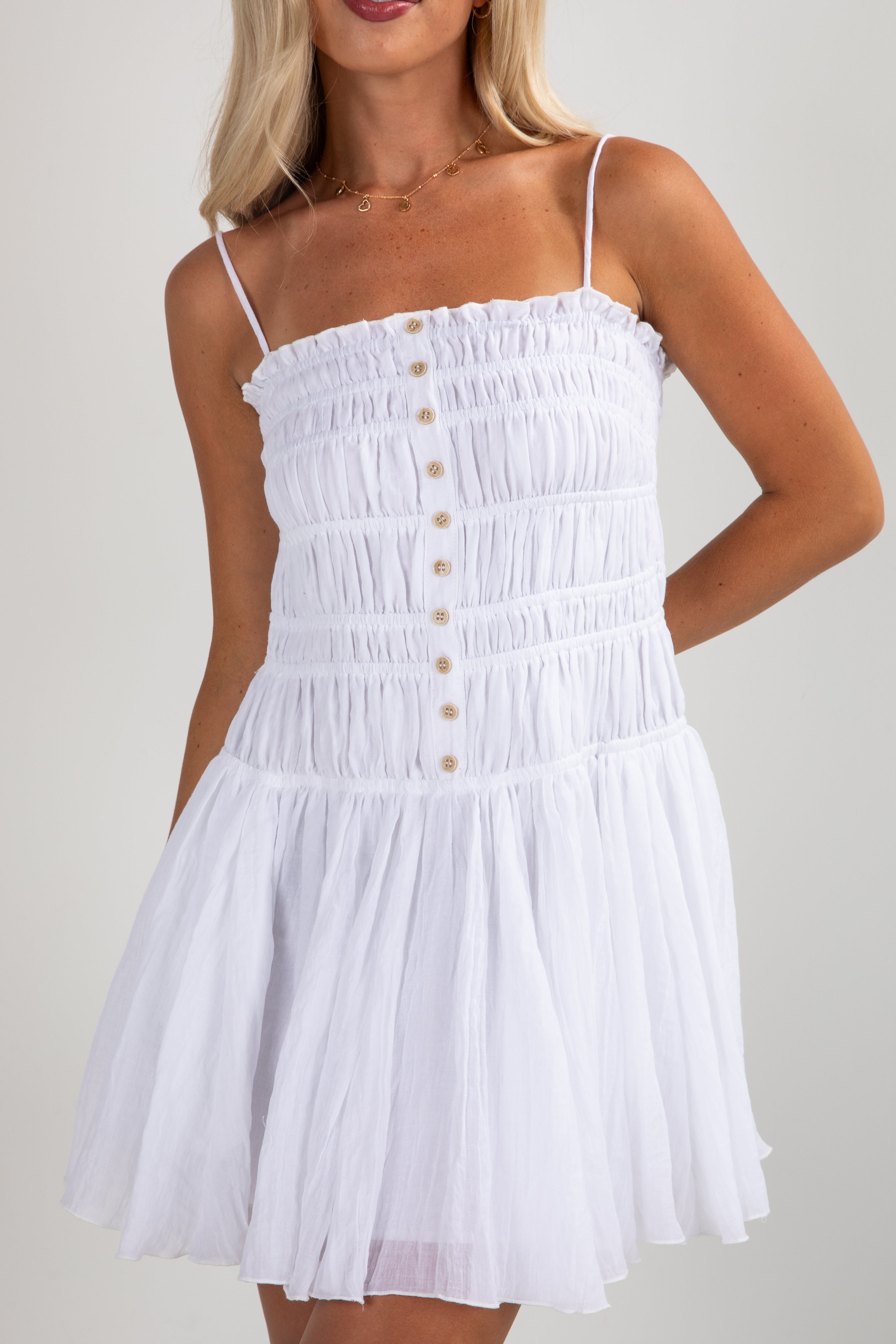 Sweetheart Glam White Smocked Mini Dress
