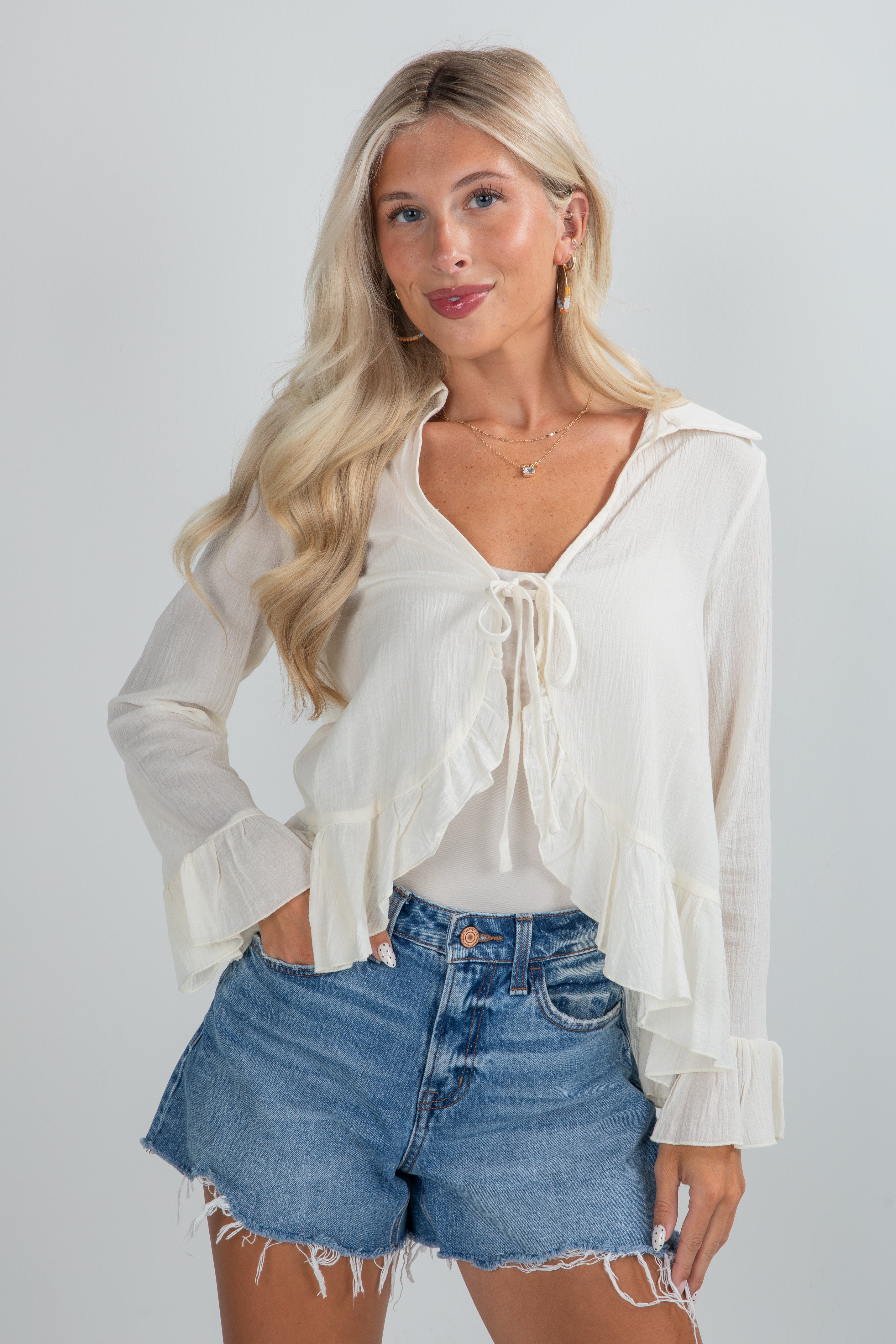 Do It Over Again Cream Tie Front Blouse