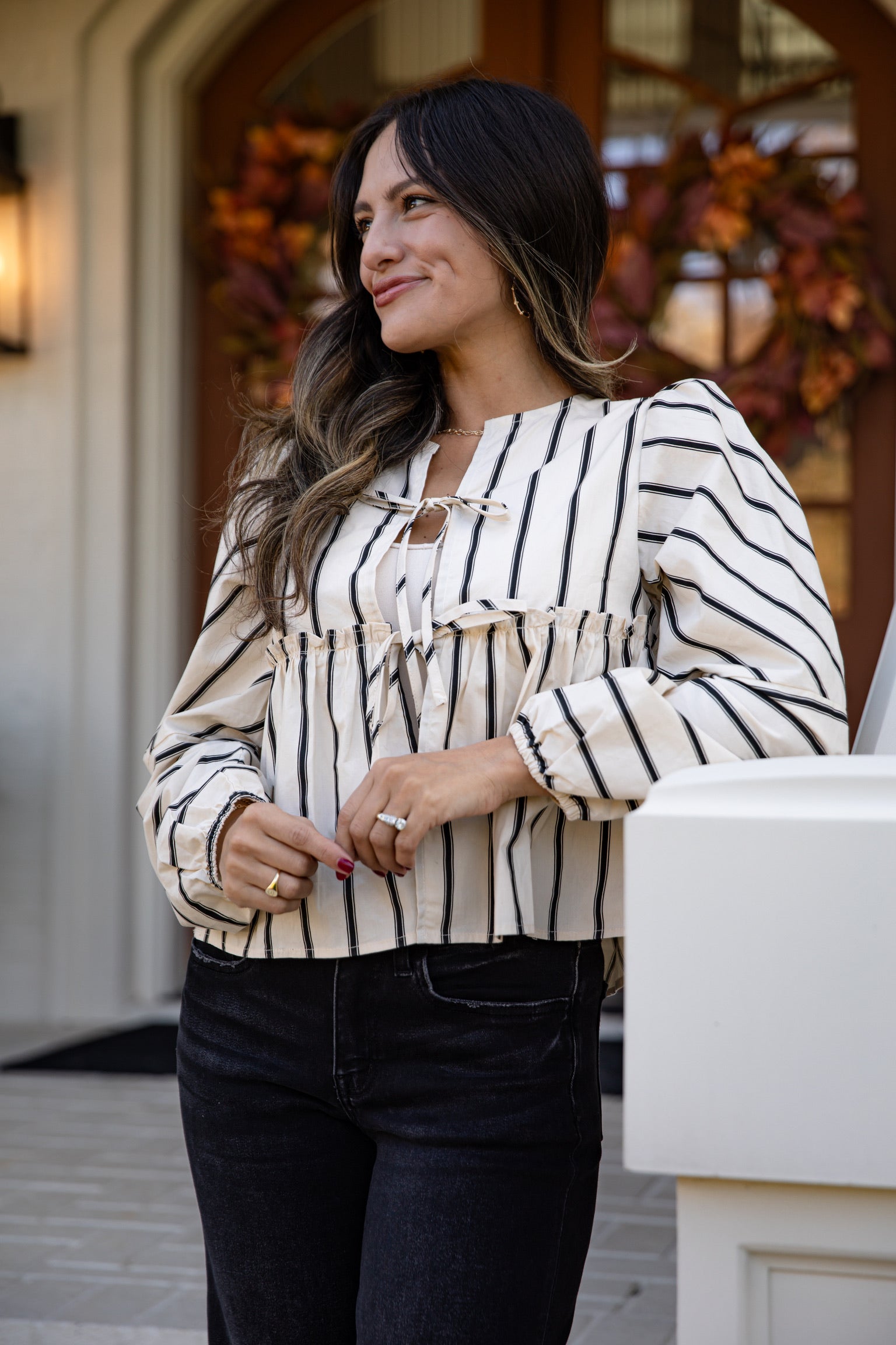 Classy Attitude Cream Striped Tie Blouse
