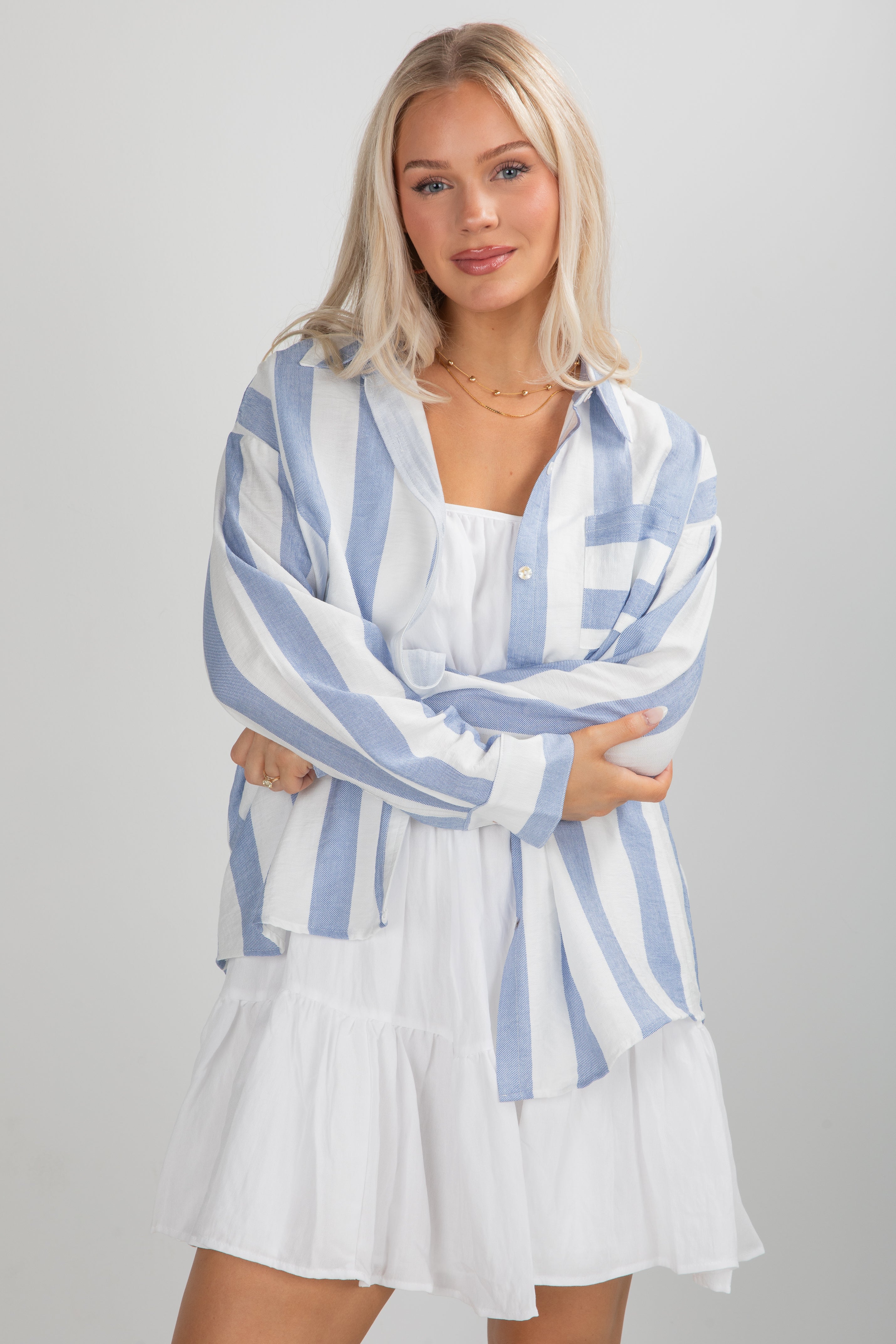 Essential Fit Light Blue Striped Button-Up Blouse