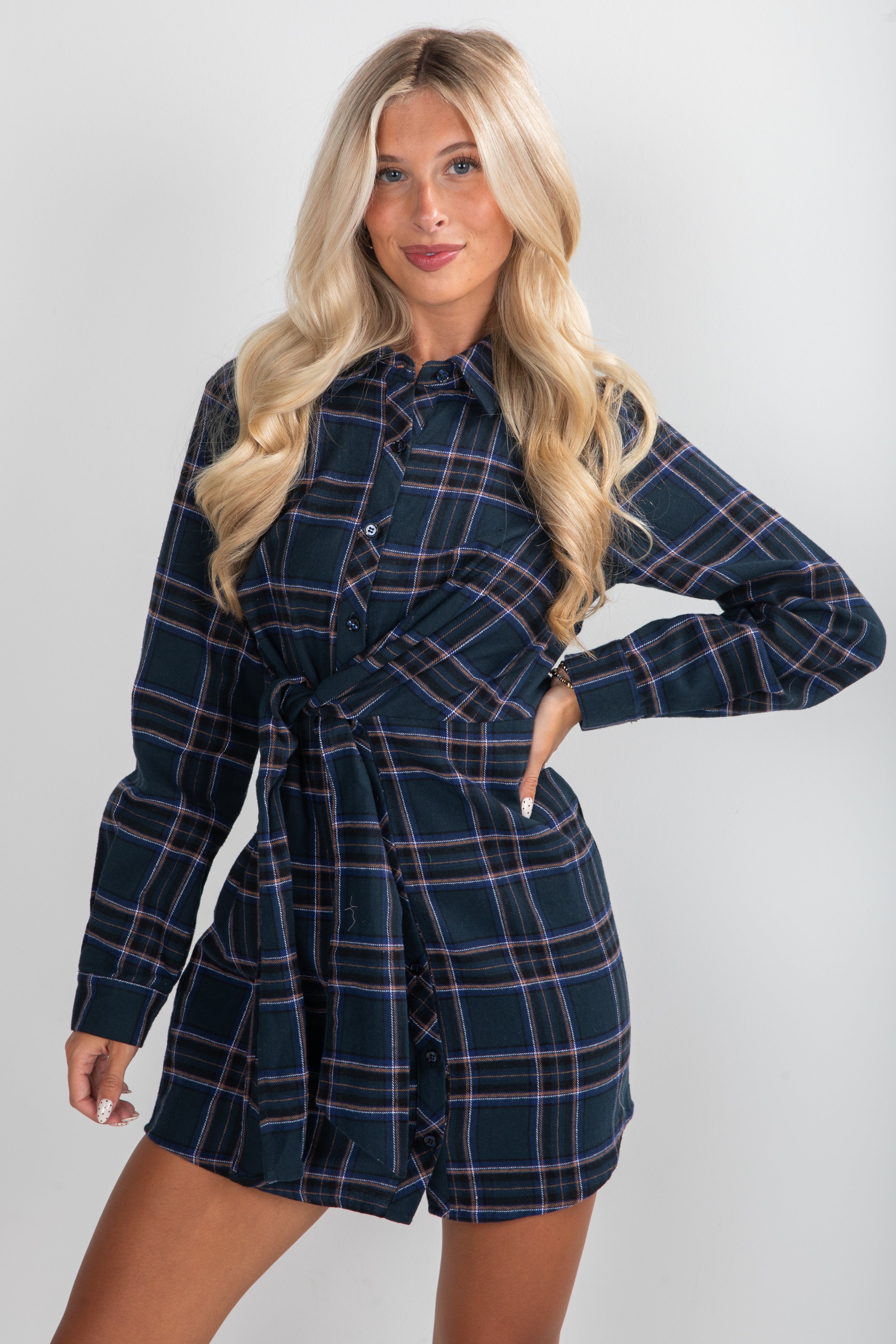 Calling On You Teal Plaid Flannel Mini Dress