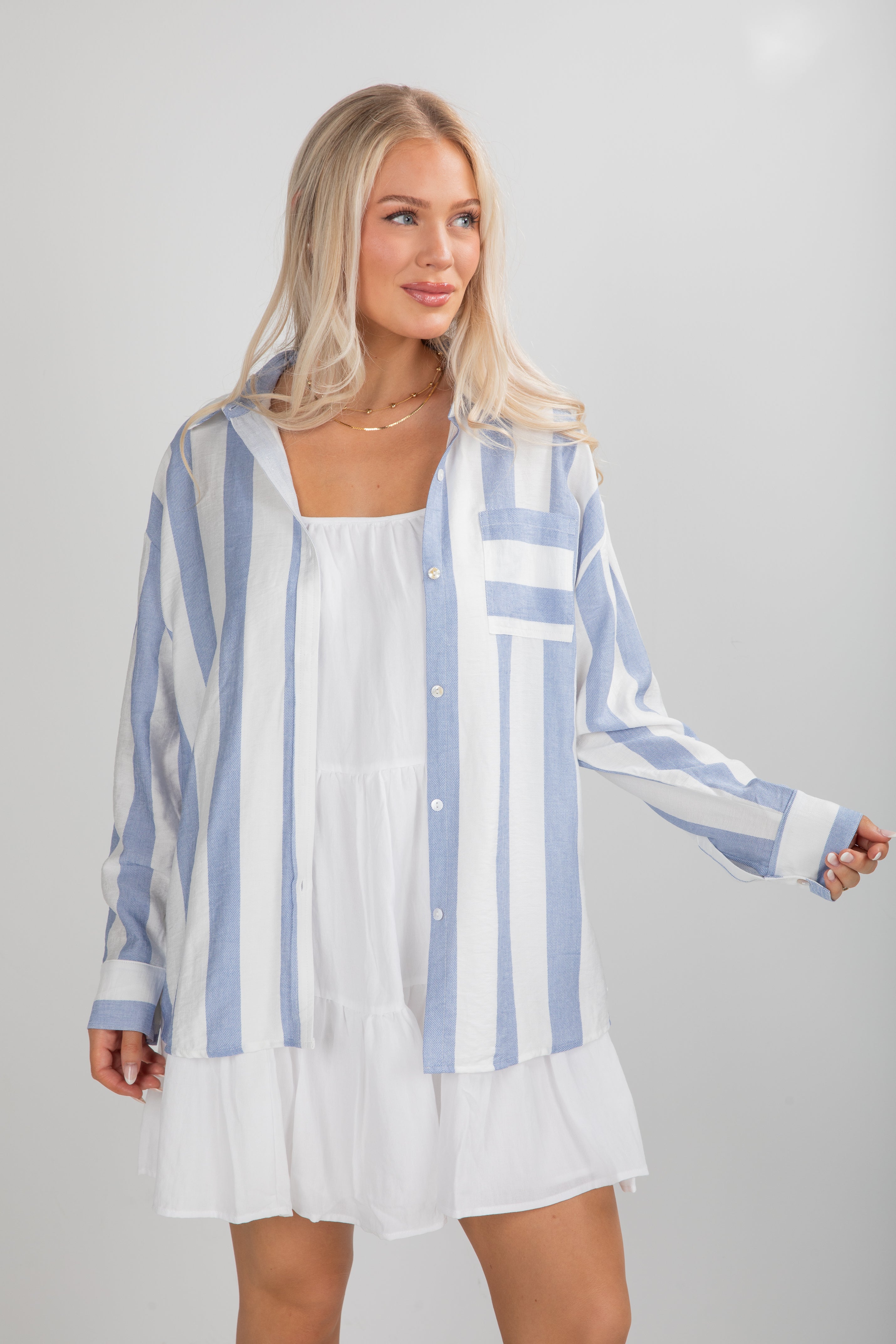Essential Fit Light Blue Striped Button-Up Blouse