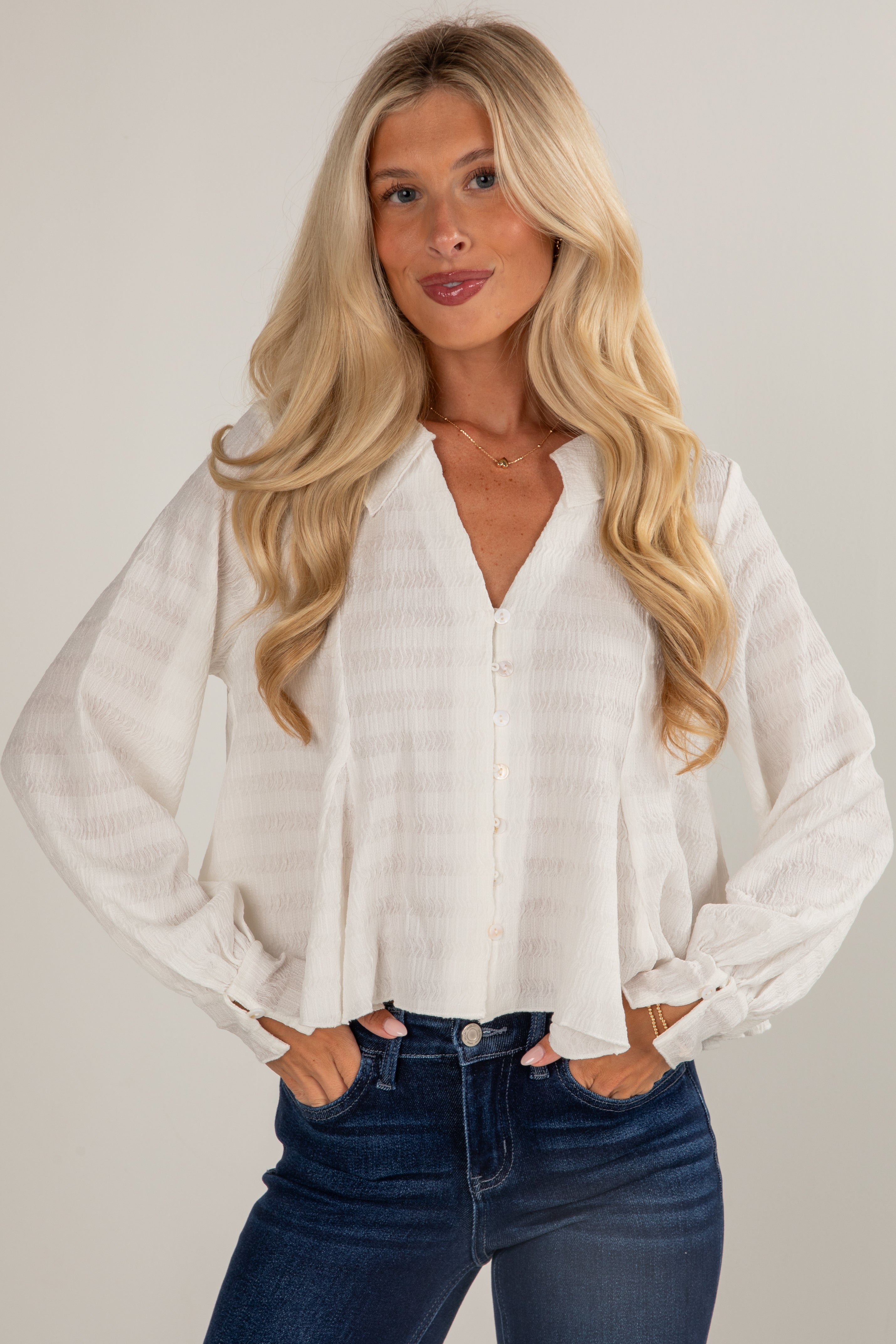 Moment In Time White Textured Blouse